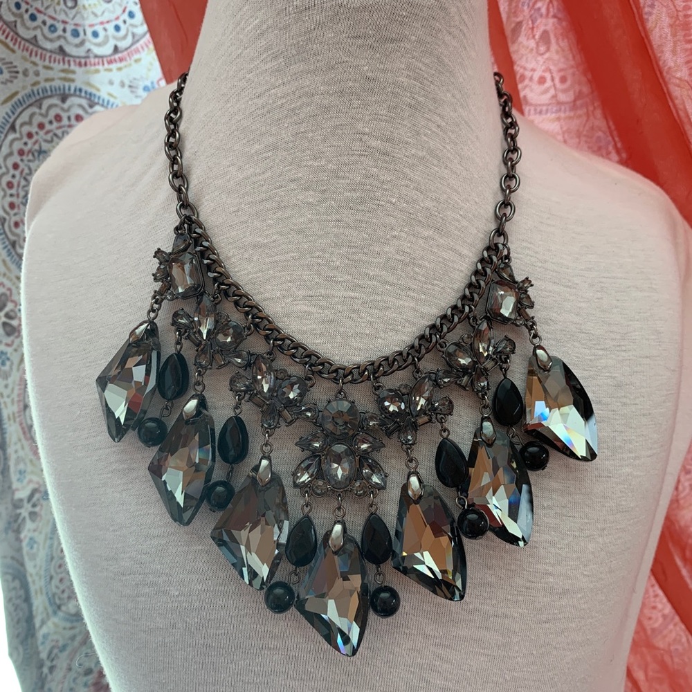 Black bead and Gunmetal Crystal Necklace 18-23”